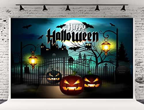 20x10ft Halloween Dekoráció Terror Kastély Háttér Vas Kerítés Utcai lámpa bat Halott Fa Ága Tök Manó Rettenetes Fél Gyerekeknek