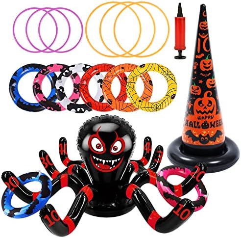 15Pcs Halloween Játékok, Felfújható Boszorkány Kalap Pók Gyűrű Dobás Játék 12 Gyűrűk, Szivattyú Halloween Gyűrű Dobás Játék,