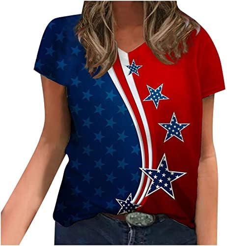USA Hazafias Pólók Női július 4. - Divatos Amerikai Zászló Csillagok Csíkos Nyomtatott V-Nyakú, Rövid Ujjú Póló