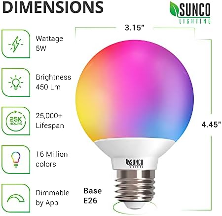 Sunco Okos Globe Izzók G25 LED, Alexa Kompatibilis LED Dekoratív, Kerek Hiúság Izzók, 5W, színváltó RGBCW, Szabályozható