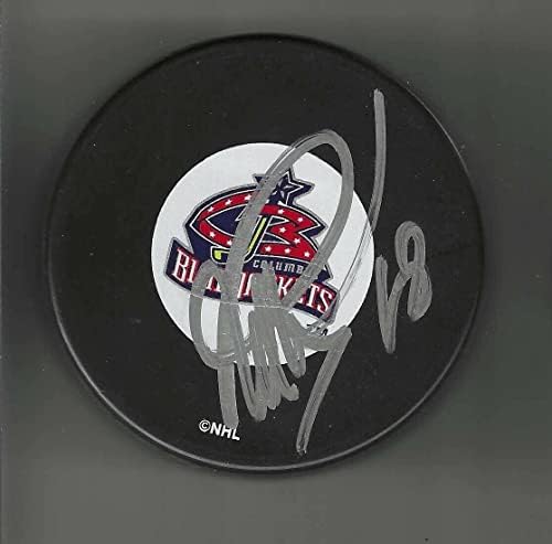 Robert Kron Aláírt Columbus Blue Jackets Eredeti Logó Puck - Dedikált NHL Korong