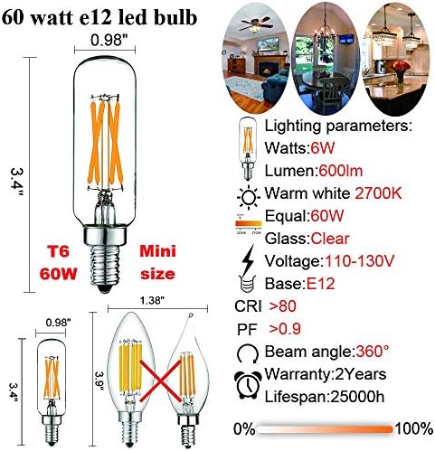LiteHistory Szabályozható E12 Gyertyatartót Izzó 60 Watt 6Pack E26 Edison-Izzó 6W=60 Watt Edison Izzók 60 Watt Csillár,Mennyezeti