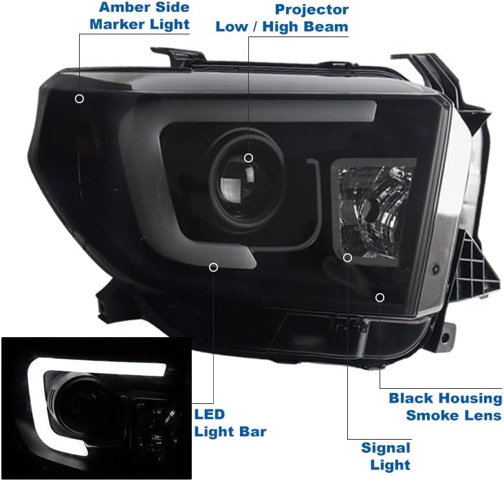 ZMAUTOPARTS LED Cső Fekete/Füst Vetítő Fényszórók, Fényszóró A 2014-2019 Toyota Tundra Pickup