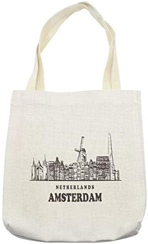 Ambesonne Amszterdam bevásárló Táska, Hollandia Kalligráfia, Vízszintes Város Látképe egy Sima Háttér, Szövet Textília Újrafelhasználható